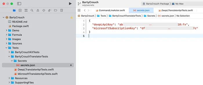 The <code>secrets.json</code> file with two actual secrets, added to the project.