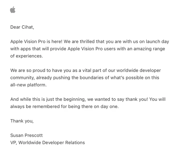 The official email from Apple, thanking Day 1 app developers.