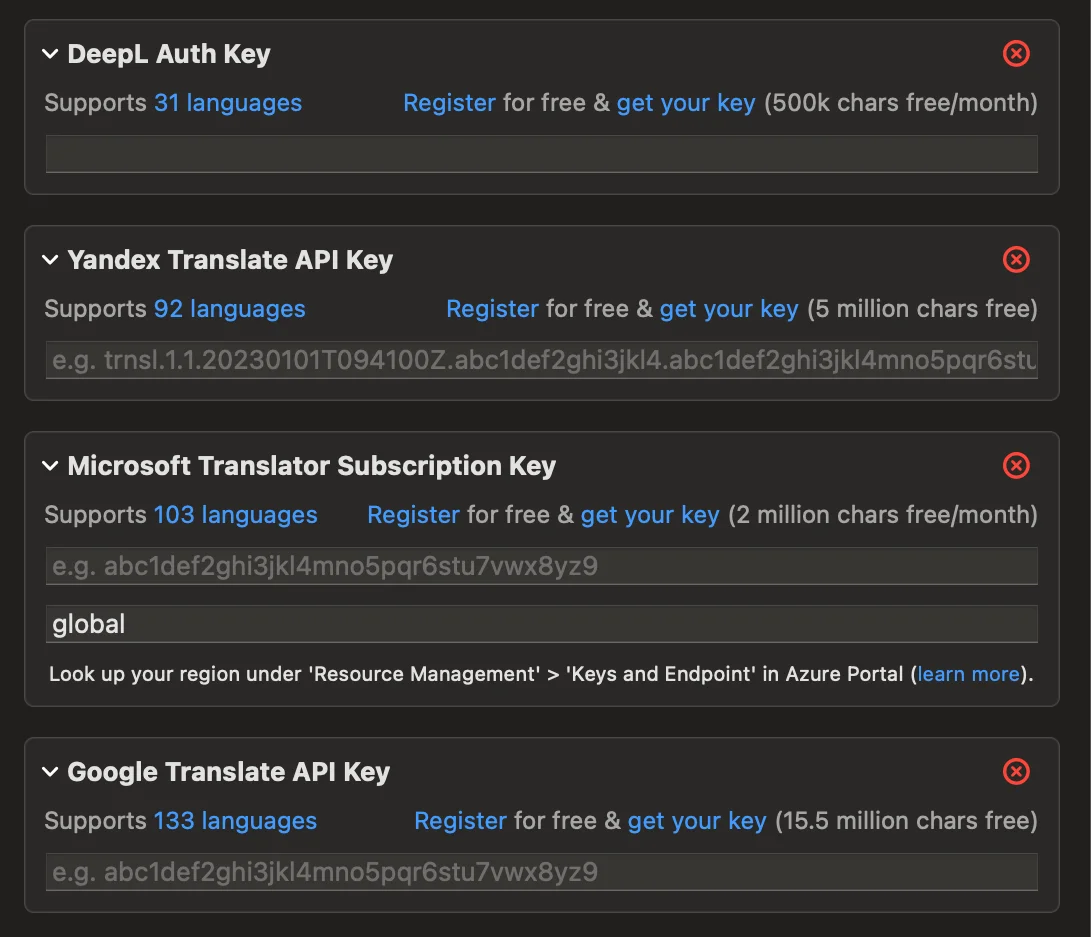 All 3rd-party services expanded linking to registration & API key docs.