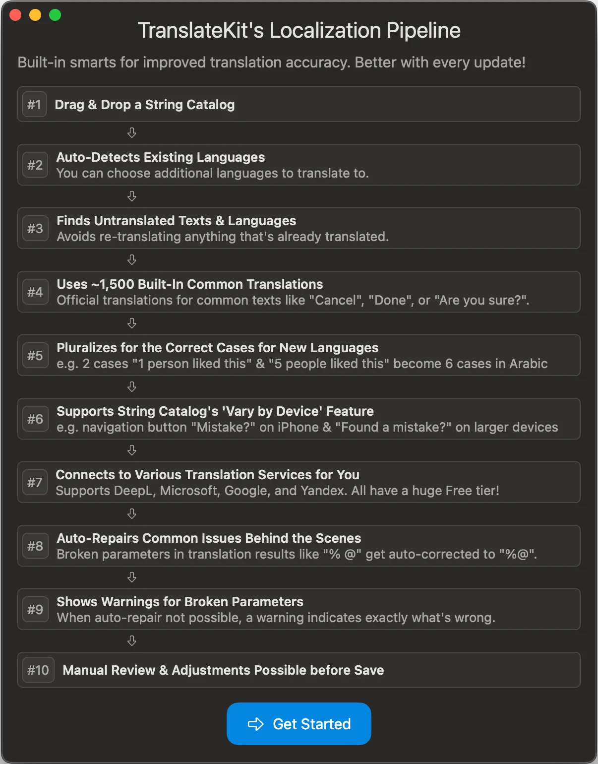 New window shown on first app start to communicate app’s value.