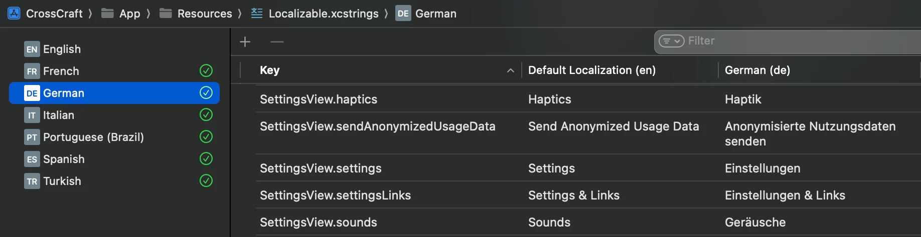 Auto-generated semantic keys, naturally grouping related strings together.
