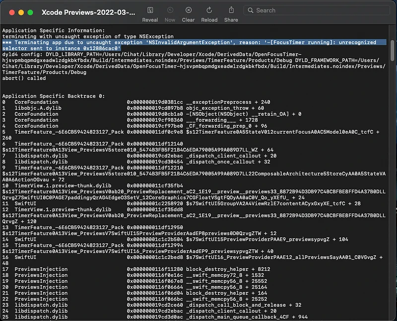 Contents of Xcode Previews .ips file with a proper error console output.