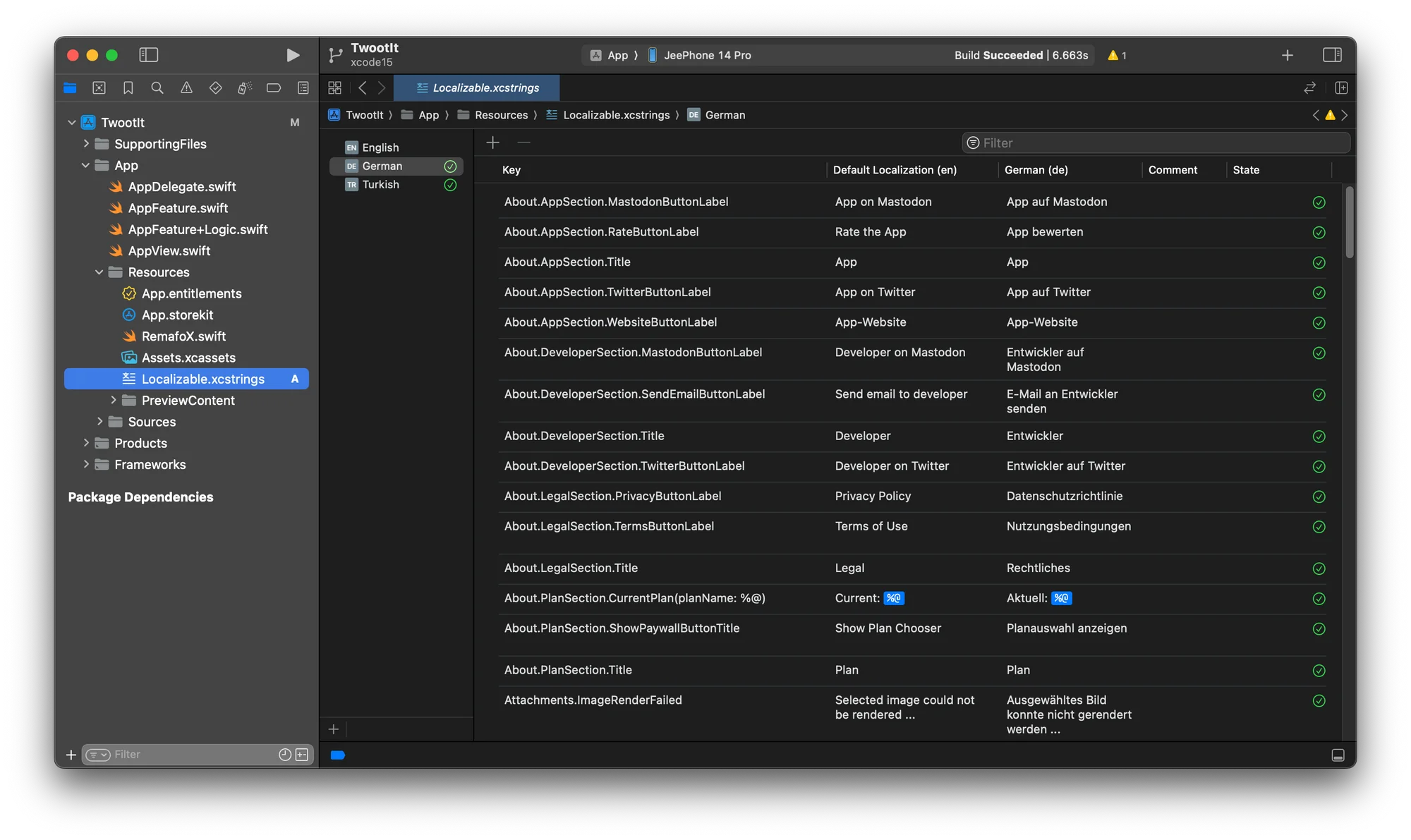 The lack of a green checkmark for the German language indicates that the translation is incomplete.