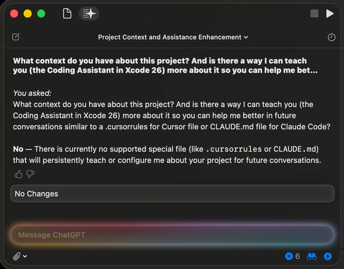 The Coding Assistant telling me it has no way to teach it about my project or guidelines.