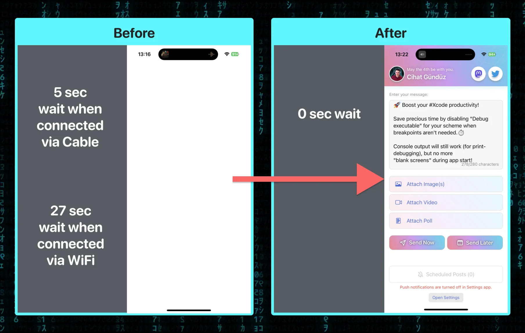 Comparison of launch times with and without debug executable enabled