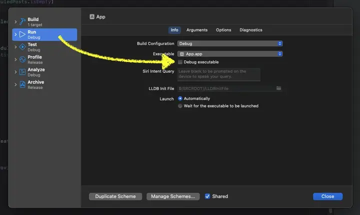 The setting after unchecking Debug executable