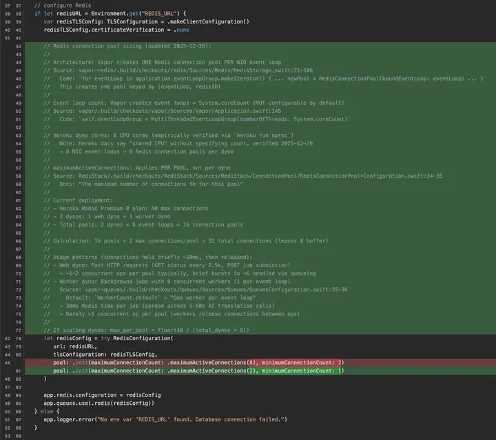 Code showing the connection pool configuration