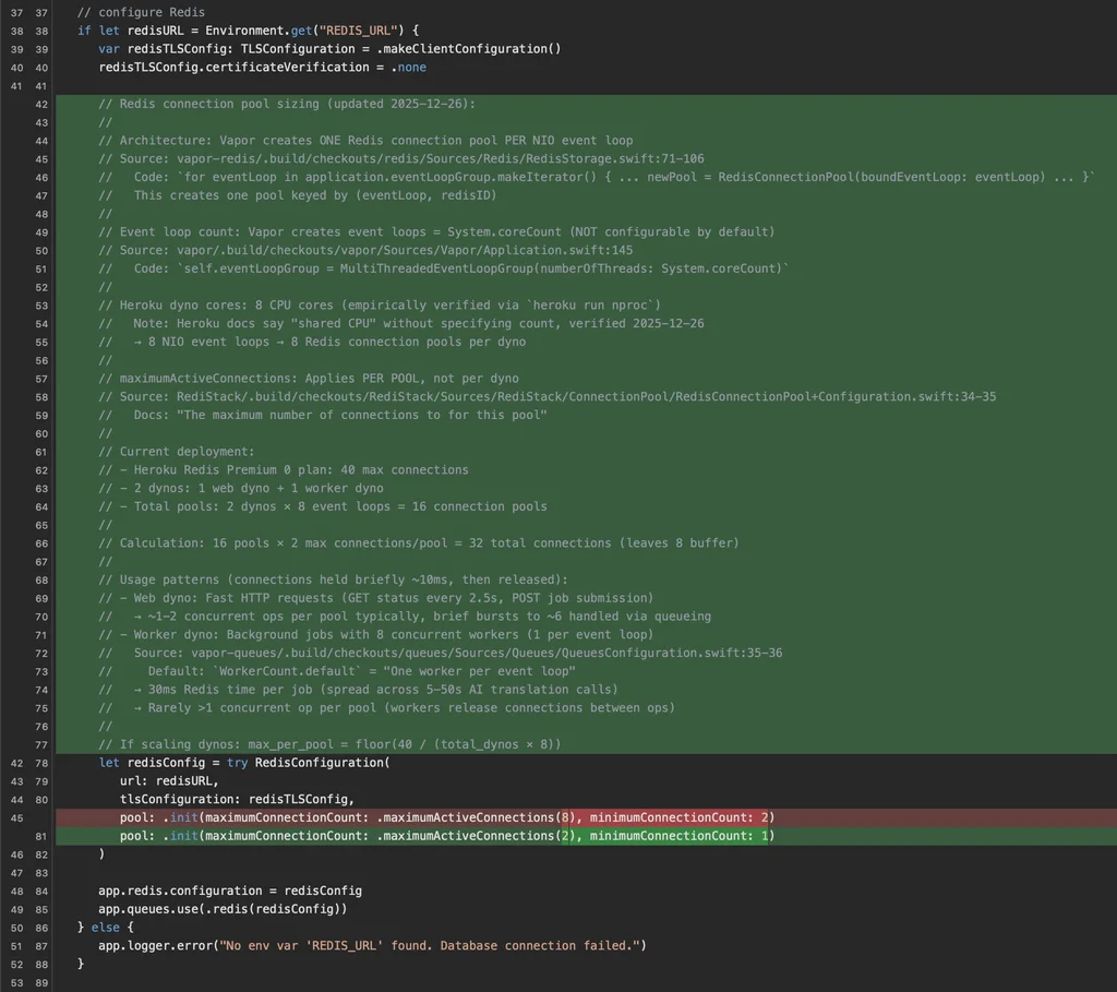 Code showing the connection pool configuration
