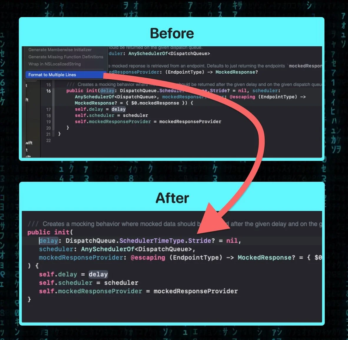 The Format to Multiple Lines option in Xcode 15