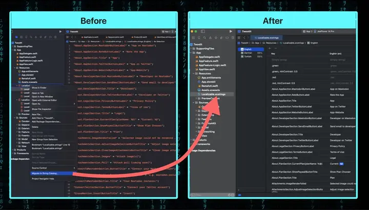 The String Catalog editor in Xcode 15 showing translations across multiple languages