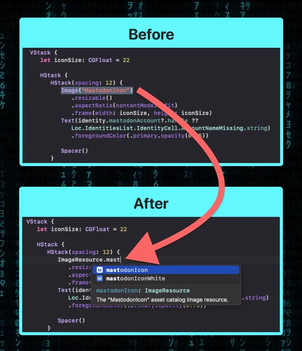Xcode showing autocomplete suggestions for asset catalog resources